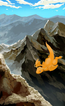 black_eyes blue_sky claws cloud commentary_request dragon dragonite flying from_above full_body gen_1_pokemon looking_ahead mk_(mikka) mountain mountainous_horizon nintendo no_humans outdoors pokemon pokemon_(creature) scenery sky