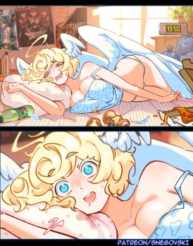 Rule 34 | alarm clock, angel, angel wings, babymetal, bag, bare shoulders, blonde hair, blue eyes, blush, breast rest, breasts, breasts squeezed together, camisole, cleavage, clock, cloud print, collarbone, curvy, drooling, feathered wings, feathers, food, gabi (snegovski), halo ahoge, hatsune miku, head wings, highres, indoors, large breasts, lying, mountain dew, narrowed eyes, navel, on side, open mouth, original, pajamas, panties, patreon username, pillow, pink pupils, pizza, short hair, sleeping, slipknot, snegovski, soda, strap slip, sunlight, swept bangs, thick eyebrows, trash bag, underwear, vocaloid, waking up, white panties, window, wings