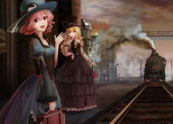2girls :d absurdres belt black_dress black_hat blonde_hair blue_dress blue_hat brick_wall brown_belt brown_corset building chinese_commentary commentary_request corset dress frilled_dress frills hat hat_ornament hat_ribbon highres holding holding_suitcase holding_umbrella juliet_sleeves kirigawa_mika lips long_hair long_sleeves looking_at_viewer multiple_belts multiple_girls open_mouth orange_sky pink_eyes pink_hair puffy_sleeves purple_eyes railroad_tracks ribbon saigyouji_yuyuko scaffolding short_hair sky smile smoke steam suitcase top_hat touhou train umbrella waving yakumo_yukari