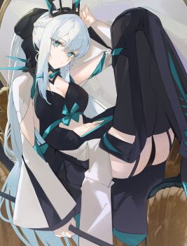 1girl absurdres black_bow black_tiara blue_eyes bow braid caat106 fate/grand_order fate_(series) hair_between_eyes hair_bow half_up_braid highres holding holding_polearm holding_weapon long_hair looking_at_viewer morgan_le_fay_(fate) morgan_le_fay_(third_ascension)_(fate) polearm ponytail solo spikes stomach_tattoo tattoo tiara very_long_hair weapon