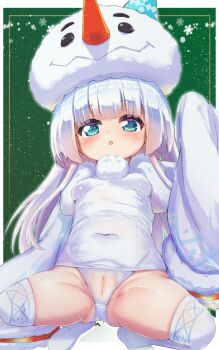 1girl absurdres blue_eyes breasts cameltoe chrocatz commentary_request covered_navel flower_knight_girl hat hatsuyukisou_(flower_knight_girl) highres loli long_hair one-piece_swimsuit pussy school_swimsuit small_breasts solo spread_legs squatting swimsuit thighhighs thighs white_hair white_one-piece_swimsuit white_thighhighs