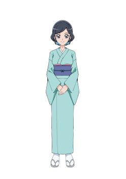 Rule 34 | 1girl, @est@, aged up, aqua kimono, black eyes, black hair, blue hair, blue kimono, closed mouth, commentary request, earrings, full body, healin' good precure, highres, japanese clothes, jewelry, kimono, looking at viewer, obi, own hands together, precure, sandals, sash, sawaizumi chiyu, short hair, smile, solo, standing, swept bangs, tabi, transparent background, zouri