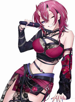 1girl akane_toki belt black_belt black_hair braid breasts colored_inner_hair earrings fingernails floral_print highres holding holding_microphone horns indie_virtual_youtuber jewelry kakekawaimi microphone multicolored_hair o-ring o-ring_belt pink_hair purple_eyes purple_nails second-party_source sharp_fingernails smile solo stomach streaked_hair virtual_youtuber watermark white_hair