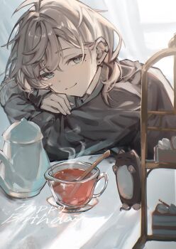 Rule 34 | 1boy, ahoge, black jacket, brown hair, closed mouth, commentary request, cup, grey eyes, hair between eyes, happy birthday, head rest, highres, jacket, kanae (8th costume) (nijisanji), kanae (nijisanji), looking at viewer, male focus, medium hair, nijisanji, ponytail, roto (kanae), smile, solo, tea, teacup, teapot, toripii (tori pippi 07), upper body, virtual youtuber