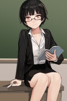 1boy black-framed_eyewear black_hair black_jacket black_skirt blunt_bangs blush book chalk chalkboard closed_mouth collarbone collared_shirt commentary crossdressing crossdressing_(mtf) dot_nose feet_out_of_frame glasses hand_up holding holding_book holding_chalk indoors jacket long_sleeves looking_at_viewer looking_over_eyewear male_focus on_table open_book open_clothes open_jacket orange_eyes original partially_unbuttoned semi-rimless_eyewear shirt shirt_tucked_in short_hair sitting skirt smile solo suit_jacket sunaba_(nczd5875) table teacher trap under-rim_eyewear white_shirt