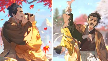 3boys :d ^_^ age_difference aged_down ankle_grab arm_up aubergrin autumn_leaves baggy_pants bandaged_ankle barefoot black_hair black_pants blue_sky blurry blurry_background brown_kimono carrying child closed_eyes commentary comparison depth_of_field english_commentary facial_hair falling_leaves falling_petals father_and_son ghost_of_tsushima grin hair_bun hair_pulled_back hakama hakama_pants hand_on_another&#039;s_back hand_on_another&#039;s_head happi highres japanese_clothes kataginu kimono kiss kissing_forehead leaf leg_up light_particles long_sleeves lord_shimura male_focus mole mole_under_eye mountain multiple_boys mustache mutton_chops open_mouth pants petals robe sakai_jin sakai_kazumasa sideburns single_hair_bun sky smile teeth tree twitter_username upside-down water water_drop white_pants white_petals wide_sleeves yellow_happi yellow_kimono yellow_robe