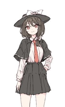 1girl arm_at_side asymmetrical_hair black_capelet black_hair black_hat black_skirt bow capelet collared_shirt commentary cowboy_shot hair_bow hand_in_pocket hat hat_bow hat_ribbon highres kashiwada_kiiho long_sleeves looking_at_viewer medium_hair necktie red_eyes red_necktie ribbon ribbon-trimmed_capelet ribbon_trim shirt simple_background skirt smile solo standing symbol-only_commentary touhou usami_renko white_background white_bow white_shirt