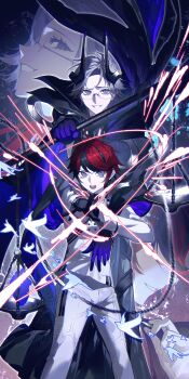 2boys absurdres ahoge aizendai alternate_costume alternate_universe aotsuki_eito black_cape black_gloves black_streaks blood blue_eyes cape chain chinese_commentary commentary_request fate/grand_order fate_(series) glasses glint gloves grey_eyes grey_hair grin hand_on_own_arm highres holding holding_weapon horns looking_at_viewer male_focus multicolored_hair multiple_boys open_mouth outstretched_arm pants purple_gloves red_hair ringed_eyes shirt short_hair smile streaked_hair sumino_takumi the_hundred_line_-last_defense_academy- watermark weapon weighing_scale white_pants white_shirt