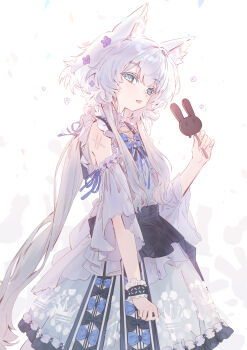 1girl :p absurdres animal_ear_fluff animal_ears arknights black_bow blue_bow blue_eyes bow cat_ears cat_girl chinese_commentary commentary_request cowboy_shot detached_sleeves dress flower frilled_bracelet green_eyes grey_hair hair_flower hair_ornament highres holding long_hair looking_at_viewer low_ponytail ponytail purple_flower rosmontis_(an_airy_dream)_(arknights) rosmontis_(arknights) sao7 smile solo standing tongue tongue_out white_background white_dress white_hair