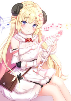 Rule 34 | 1girl, animal ears, blonde hair, breasts, detached sleeves, dress, fur trim, hair ornament, hairclip, harp, highres, hololive, horns, instrument, large breasts, long hair, long sleeves, looking at viewer, music, musical note, playing instrument, pocketbook, purple eyes, rainbow gradient, sheep girl, sheep horns, sidelocks, simple background, sitting, smile, solo, musical staff, tsunomaki watame, tsunomaki watame (1st costume), virtual youtuber, white background, white dress, yuano