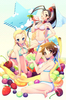 3girls ahoge aki_lee antenna_hair barefoot bikini black_hair blonde_hair blue_eyes braid breasts brown_eyes brown_hair cammy_white capcom cherry cleavage eating flower food fruit hair_flower hair_ornament headband high_ponytail highres huge_ahoge ibuki_(street_fighter) kasugano_sakura kiwi_(fruit) kiwi_slice long_hair medium_breasts mini_person minigirl multiple_girls o-ring o-ring_bikini one_eye_closed oversized_object polka_dot polka_dot_background polka_dot_bikini ponytail scar short_hair side-tie_bikini_bottom sitting smile soles strawberry street_fighter swimsuit toes twin_braids udon_entertainment underboob very_long_hair wariza