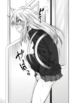 1boy blush bulge collared_shirt commentary_request crossdressing crossdressing_(mtf) erection erection_under_clothes grey_background greyscale hands_in_pockets heart imminent_ejaculation large_penis male_focus mask medium_hair monochrome mouth_mask nanamatsu_kenji neck_ribbon original penis pleated_skirt ribbon school_uniform shirt sidelocks skirt solo surgical_mask sweatdrop sweater testicles train_interior trap