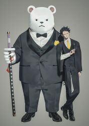 Rule 34 | 2boys, absurdres, bear, bepo, black footwear, black hair, black jacket, black pants, buttons, closed mouth, earrings, facial hair, finger tattoo, formal, full body, goatee, grey background, hand tattoo, highres, holding, holding sword, holding weapon, jacket, jacket on shoulders, jewelry, ksuke (k-taro31), light smile, long sleeves, looking at viewer, male focus, multiple boys, necktie, one piece, pants, polar bear, shoes, short hair, suit, sword, tattoo, trafalgar law, vest, weapon, yellow eyes, yellow necktie
