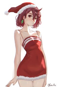 1girl absurdres ayase_momo bare_arms bare_shoulders breasts brown_hair christmas collarbone cowboy_shot cuhp dandadan dress earrings fur-trimmed_dress fur_trim hair_between_eyes hat highres jewelry light_blush medium_breasts red_dress red_eyes santa_hat short_dress short_hair solo spaghetti_strap standing thigh_gap twitter_username white_background