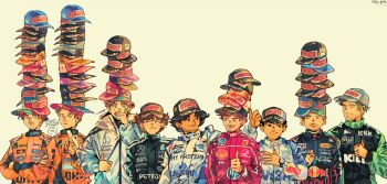 6+boys absurdres andrea_kimi_antonelli baseball_cap black_eyes black_racing_suit blue_eyes blue_racing_suit brown_eyes brown_hair carlos_sainz closed_eyes closed_mouth commentary crossed_arms english_commentary facial_hair ferrari formula_one george_russell grey_jacket hand_in_pocket hand_on_own_face hand_over_face hat hat_over_hat highres hood hooded_jacket isack_hadjar jacket lando_norris lineup looking_at_another male_focus max_verstappen multiple_boys nico_hulkenberg no_sclera one_eye_closed orange_racing_suit oscar_piastri racing_suit red_racing_suit shell_(company) short_hair simple_background small_sweatdrop smile sog_goog tag_heuer yellow_background