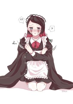 Rule 34 | 1boy, ?, ??, absurdres, alternate costume, apron, aqua eyes, asymmetrical bangs, black dress, black hair, black jacket, blush, bonnouji (kanikamapurin), buttons, closed mouth, colored tips, commentary request, contrast collar, crossdressing, crossdressing (mtf), crossed arms, demon boy, dress, dressing, embarrassed, enmaided, enmu (kimetsu no yaiba), facial mark, flustered, frilled apron, frills, full body, highres, invisible floor, jacket, juliet sleeves, kimetsu no yaiba, long sleeves, looking at viewer, maid, male focus, male maid, medium hair, motion lines, multicolored hair, neck ribbon, nervous sweating, nose blush, puffy sleeves, raised eyebrows, red ribbon, ribbon, seiza, signature, simple background, sitting, solo, sound effects, spoken question mark, straight-on, sweat, symbol-shaped pupils, tears facial mark, thighhighs, trap, white apron, white background, white thighhighs