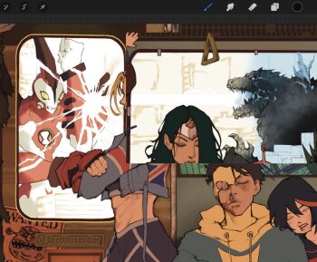 Rule 34 | 2boys, 3girls, alien, ben 10, ben tennyson, cammy white, crossover, dc comics, giant, giant monster, godzilla, godzilla (series), highres, invincible (series), jaw, kaiju, kill la kill, mark grayson, matoi ryuuko, monster, multiple boys, multiple girls, omnitrix, spines, street fighter, street fighter 6, superhero costume, toho, vinsent, wonder woman, wonder woman (series)