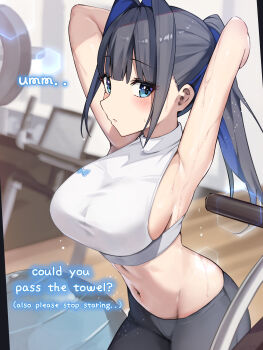1girl absurdres armpits arms_behind_head arms_up bilingual_commentary black_pants blue_eyes blue_hair blurry blurry_background blush breasts colored_inner_hair commentary cropped_shirt earrings english_commentary english_text hair_intakes highres hololive hololive_english indoors irroi jewelry large_breasts looking_at_viewer midriff mixed-language_commentary multicolored_hair navel ouro_kronii pants parted_lips shirt sideboob solo sweat virtual_youtuber white_shirt yoga_pants