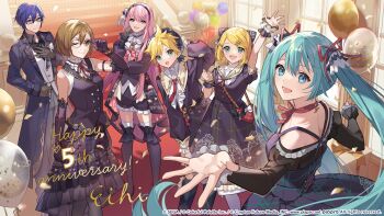 2boys 4girls adjusting_clothes adjusting_eyewear adjusting_headwear aqua_eyes aqua_hair arm_at_side arm_up artist_name bag balloon bare_shoulders bespectacled black_boots black_coat black_dress black_gloves black_shirt black_shorts black_vest blonde_hair blue_eyes blue_hair bob_cut boots bow breasts brown_eyes brown_gloves brown_hair choker closed_mouth coat collared_shirt copyright_notice cowboy_shot dress eihi elbow_gloves frilled_choker frilled_shorts frills full_body glasses gloves grey_pants hair_between_eyes hair_bow hair_ornament hair_ribbon hairclip hand_on_own_chest hand_up happy_anniversary hatsune_miku headband highres indoors kagamine_len kagamine_rin kaito_(vocaloid) lapels long_hair long_skirt long_sleeves looking_at_viewer looking_back medium_breasts megurine_luka meiko_(vocaloid) multiple_boys multiple_girls neck_ribbon notched_lapels open_mouth pants pink_hair project_sekai puffy_long_sleeves puffy_sleeves purple_eyes red_ribbon ribbon shirt short_hair shorts shoulder_bag sidelocks skirt sleeveless sleeveless_shirt small_breasts smile spiked_hair stairs standing star_balloon straight_hair thigh_boots thighhighs twintails very_long_hair very_short_hair vest vocaloid white_choker white_thighhighs white_vest window wrist_cuffs