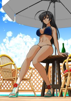 1girl ahoge beach bikini black_hair blue_bikini breasts brown_eyes cleavage closed_mouth gemini69 girls_und_panzer highres isuzu_hana large_breasts long_hair looking_at_viewer navel outdoors sandals sky smile solo swimsuit