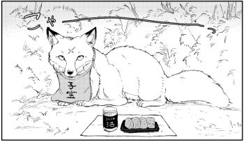 alcohol animal animal_ear_fluff animal_focus batta_(kanzume_quality) bib border bush claws commentary_request facing_viewer food fox greyscale inarizushi kitsune kitsune_no_oyome-chan looking_at_viewer lying monochrome on_ground on_stomach outdoors paid_reward_available sake scar scar_on_face scar_on_forehead sound_effects sushi whiskers