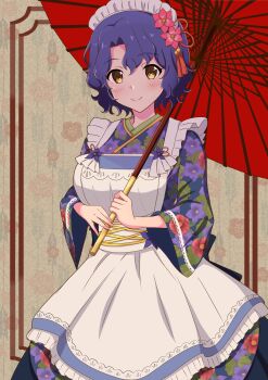 1girl apron asymmetrical_bangs birthday blue_hair blush breasts closed_mouth commentary_request cowboy_shot curly_hair fingernails floral_print floral_print_kimono flower hair_flower hair_ornament headdress highres holding holding_umbrella idol idol_clothes idolmaster idolmaster_million_live! idolmaster_million_live!_theater_days japanese_clothes kanzashi kimono large_breasts long_sleeves looking_at_viewer maid maid_apron maid_headdress mimiu_p official_alternate_costume parasol pink_flower print_kimono purple_flower purple_kimono red_umbrella short_hair smile solo standing toyokawa_fuka tsumami_kanzashi umbrella wa_maid white_apron white_headdress yellow_eyes