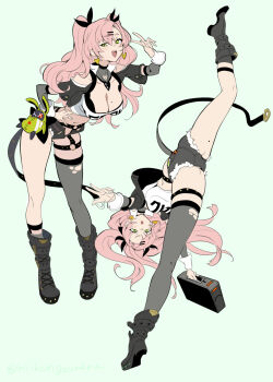 1girl amillion_(zenless_zone_zero) bangboo_(zenless_zone_zero) bare_shoulders black_boots black_ribbon black_shorts blush boots breasts cleavage clothing_cutout commentary_request cutoffs earrings green_background green_eyes hair_ornament hairclip heart heart_earrings highres holding holding_suitcase jewelry large_breasts leaning_forward leg_up looking_at_viewer micro_shorts midriff mole mole_on_breast mole_on_thigh mole_under_eye multiple_views navel nicole_demara niihatigounana open_mouth pink_hair ribbon shorts shoulder_cutout simple_background single_thighhigh strapless stuffed_toy suitcase thighhighs torn_clothes torn_thighhighs tube_top twitter_username two_side_up w white_tube_top zenless_zone_zero