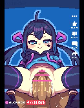 1girl animated animated_gif bar_censor blue_background blue_eyes blue_hair blue_hoodie blue_thighhighs censored closed_mouth commission fake_phone_screenshot fake_screenshot hair_ribbon hood hood_down hoodie indie_virtual_youtuber loli mugen_mochi no_panties osimder penis pink_ribbon pixel_art pussy pussy_juice ribbon sex skeb_commission solo star_(symbol) star_sticker sticker testicles thighhighs twintails vaginal virtual_youtuber