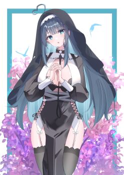 Rule 34 | 1girl, absurdres, ahoge, amano nene (nun) (vtuber), amano nene (vtuber), bird, black dress, black hair, blue eyes, blue hair, breasts, colored inner hair, commentary request, dress, garter belt, hair ornament, hairband, highres, indie virtual youtuber, interlocked fingers, large breasts, liyaku, long hair, mole, mole under eye, multicolored hair, nun, open mouth, solo, thighhighs, virtual youtuber, white garter belt, white hairband