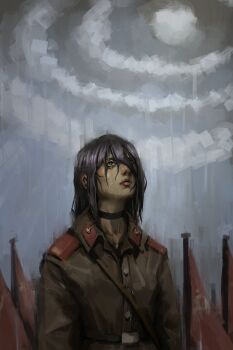 1girl absurdres asianfissureman black_choker black_hair chainsaw_man choker closed_mouth grey_jacket highres jacket looking_up military_jacket military_uniform outdoors rain reze_(chainsaw_man) solo soviet_flag wet wet_hair
