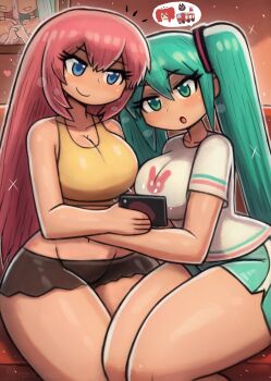 2girls animal_print aqua_eyes aqua_hair aqua_shorts bed bedroom black_shorts blue_eyes blush breasts cellphone cleavage collarbone fire_truck firetrucks_vocaloid_brain_rot hair_ornament hatsune_miku heart holding holding_phone kasane_teto large_breasts long_hair looking_at_phone megurine_luka meme midriff motor_vehicle multiple_girls navel on_bed open_mouth phone picture_frame pink_hair print_shirt rabbit_print shirt short_sleeves shorts sitting smartphone smile sparkle speech_bubble spoken_animal spoken_cat spoken_character spoken_fire_truck spoken_object tank_top thick_thighs thighs tony_welt truck twintails vocaloid white_shirt wide_hips yellow_shirt yuri