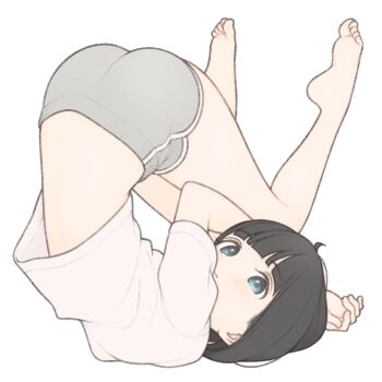 1girl 1ssakawaguchi absurdres ass barefoot blunt_bangs bob_cut brown_hair closed_mouth commentary dolphin_shorts feet grey_eyes grey_shorts highres ichika_(1ssakawaguchi) looking_at_viewer original shirt short_hair short_shorts short_sleeves shorts simple_background soles solo symbol-only_commentary t-shirt toes top-down_bottom-up white_background white_shirt