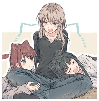 3girls animal_ears awa_subaru black_hair black_sweater blue_eyes blue_pants blush brown_hair cat_ears cat_girl cat_tail closed_eyes closed_mouth collarbone commentary drooling girls_band_cry grey_eyes grey_hair grey_hoodie hair_between_eyes highres hood hoodie iseri_nina kawaragi_momoka kemonomimi_mode long_hair long_sleeves mouth_drool multicolored_hair multiple_girls open_mouth outline pants roots_(hair) shirt short_hair sidelocks sitting sweater tail white_outline white_shirt yukitake_(bullfalk)