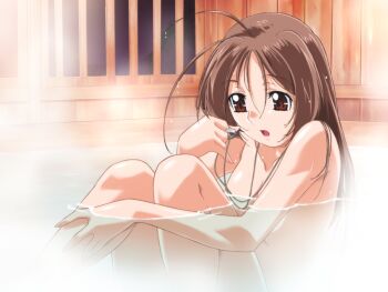 1girl :o ahoge antenna_hair bath bathing breasts brown_eyes brown_hair completely_nude convenient_arm convenient_censoring from_side game_cg gan-chan_(artist) hair_between_eyes hitozuma_sentai_aisaiger holding hugging_own_legs indoors knees_up long_hair medium_breasts non-web_source nude official_art onsen open_mouth ousaka_hikari partially_submerged red_eyes sitting solo steam variant_set water wet wet_hair whistle wooden_wall