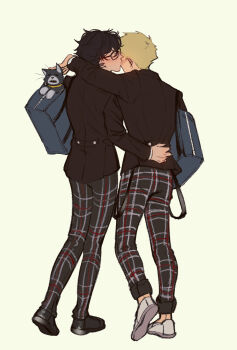 Rule 34 | 2boys, absurdres, amamiya ren, animal, animal collar, arm around shoulder, arm around waist, bag, black-framed eyewear, black footwear, black hair, black jacket, blonde hair, blush, cat, closed eyes, collar, commentary, couple, from behind, glasses, hashtag-only commentary, highres, jacket, kiss, kissing cheek, layered sleeves, limach-an, long sleeves, male focus, morgana (cat) (persona 5), morgana (persona 5), multicolored cat, multiple boys, open mouth, pants, persona, persona 5, plaid clothes, plaid pants, sakamoto ryuuji, school bag, school uniform, sharp teeth, short hair, shoulder bag, shuujin academy school uniform, simple background, standing, teeth, very short hair, whiskers, white background, white footwear, yaoi, yawning, yellow collar, zipper