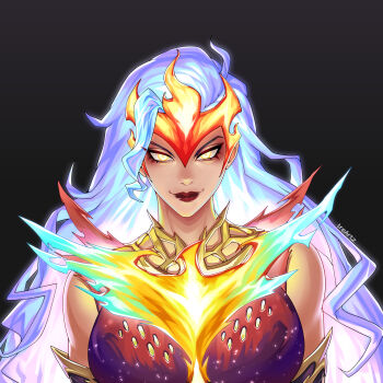 Rule 34 | 1girl, absurdres, artist name, avengers (series), black background, blue hair, commentary, dress, elbow gloves, english commentary, gloves, glowing, glowing eyes, gradient background, grey background, highres, long hair, looking at viewer, marvel, marvel rivals, official alternate costume, purple dress, red lips, scarlet witch, scarlet witch (chaos phoenix), solo, tre artz, upper body, yellow eyes