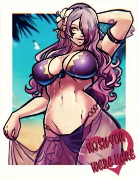 Rule 34 | 1girl, absurdres, arm behind head, arm up, armpits, bare arms, beach, bikini, bird, blue sky, blurry, blurry background, border, breasts, camilla (fire emblem), camilla (tropical beauty) (fire emblem), cleavage, commentary, cowboy shot, english commentary, english text, fire emblem, fire emblem fates, fire emblem heroes, flower, hair flower, hair ornament, hair over one eye, highres, large breasts, lifting own clothes, long hair, looking at viewer, navel, nico artoo, nintendo, ocean, official alternate costume, outdoors, palm tree, parted bangs, postcard (medium), purple bikini, purple hair, sky, solo, stomach, swept bangs, swimsuit, thighs, tree, upper body, very long hair, wavy hair, white border, yellow eyes