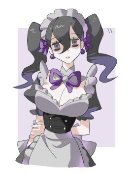1girl @_@ apron black_hair breasts cleavage hex_maniac_(pokemon) hex_maniac_(pokemon_legends:_z-a) large_breasts maid maid_apron maid_headdress nintendo pokemon pokemon_legends:_z-a raine_(acke2445) twintails