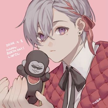 Rule 34 | 1boy, arms up, artist name, black bow, bow, braid, close-up, collared shirt, commentary request, dated, english text, gorilla, grey hair, hair between eyes, happy birthday, holding, holding stuffed toy, jacket, mege (megechan), mole, mole under eye, original, pink background, purple eyes, red jacket, shirt, short hair, simple background, stuffed animal, stuffed toy, white shirt