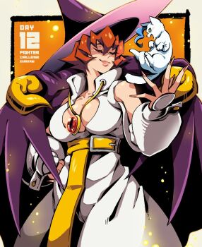 Rule 34 | 1girl, 1other, bodysuit, border, breasts, capcom, cape, cat, cleavage, closed eyes, detached sleeves, fingernails, gumeaw, hand on own hip, hat, jewelry, large breasts, lips, orange background, pendant, purple cape, red hair, short hair, tabasa, warzard, white bodysuit, white border, white cat, witch, witch hat
