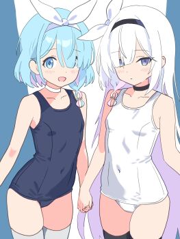 2girls absurdres arona_(blue_archive) black_choker black_hairband black_thighhighs blue_archive blue_eyes blue_hair blue_one-piece_swimsuit braid choker closed_mouth covered_navel cowboy_shot hair_over_one_eye hairband highres long_hair looking_at_viewer multiple_girls ochazuke_(artist) one-piece_swimsuit one_eye_covered open_mouth pink_hair plana_(blue_archive) short_hair side_braid swimsuit thighhighs white_choker white_hair white_hairband white_one-piece_swimsuit white_thighhighs