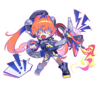 Rule 34 | !, !!, 1girl, asymmetrical gloves, black gloves, black hat, black horns, black shoes, brown thighhighs, commentary, crossed bangs, curled horns, dress, fingerless gloves, fire, floating hair, gloves, green eyes, gun, hair between eyes, hat, highres, holding, holding knife, horns, knife, long hair, magus (zenless zone zero), mechanical horns, mechanical tail, mismatched gloves, open mouth, orange hair, orange pupils, orphie magnusson, pointy ears, shoes, simple background, single fingerless glove, spoken exclamation mark, sweat, tail, thighhighs, twintails, untranslatable commentary, weapon, white background, wifi12341234, yellow gloves, zenless zone zero, zipper dress