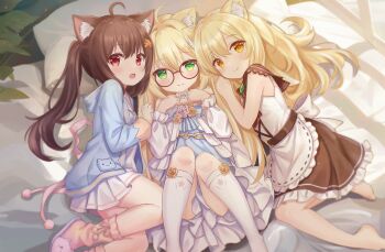 3girls ahoge animal_ear_fluff animal_ears apron blonde_hair blue_jacket brown_hair cat_ears character_request dress eugrlt glasses green_eyes highres jacket long_hair lying multiple_girls noumi_fuurin on_side original red_eyes skirt smile socks white_dress