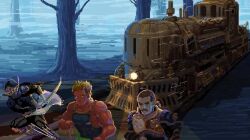 2025 3boys animated armor audible_music bare_shoulders battle black_hair blonde_hair blue_pants blue_shirt brown_shoes bryan_heemskerk close-up commentary cyan_garamonde english_commentary explosion facial_hair final_fantasy final_fantasy_vi fog forest gameplay_mechanics glowing jumping male_focus mature_male multiple_boys muscular muscular_male music mustache nature night ninja outdoors pants phantom_train pixel_art ponytail railroad_tracks running sabin_rene_figaro serious shadow_(ff6) shirt shoes sound square_enix suplex tank_top train video weapon