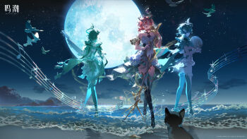 1girl absurdres bare_shoulders beamed_eighth_notes bird black_cat boots cat ciaccona_(wuthering_waves) closed_eyes copyright_notice dress full_moon green_boots hair_between_eyes highres holding holding_microphone_stand horns logo medium_hair microphone_stand missing_commentary moon multiple_persona music musical_note night no_jacket ocean official_art open_mouth outdoors red_hair shore singing sky solo tacet_mark_(wuthering_waves) thigh_boots thighs tree_horns white_bird white_dress wuthering_waves