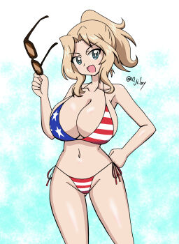 10_ji_lay 1girl :d alternate_breast_size_(larger) american_flag american_flag_bikini american_flag_print bikini blonde_hair blue_eyes breasts cleavage clenched_hand commentary_request cowboy_shot flag_print flag_print_bikini girls_und_panzer hair_intakes hand_on_own_hip high_ponytail highres holding holding_removed_eyewear huge_breasts kay_(girls_und_panzer) micro_bikini navel open_mouth ponytail print_bikini sidelocks smile solo stomach swimsuit twitter_username unworn_eyewear