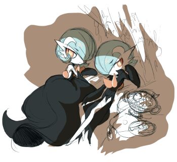 Rule 34 | 1boy, 1girl, alternate color, alternate design, alternate hairstyle, alternate universe, arm rest, black arm warmers, black coat, black dress, blue hair, bob cut, coat, coattails, colored skin, commentary, dress, english commentary, gardevoir, gen 3 pokemon, head rest, lampette, leaning back, leaning on person, looking to the side, mega gardevoir, mega pokemon, nintendo, outdoors, partially colored, pokemon, pokemon (creature), pokemon focus, popped collar, red eyes, sexual dimorphism, shiny pokemon, tailcoat, turning head, tuxedo, unfinished, white background, white skin