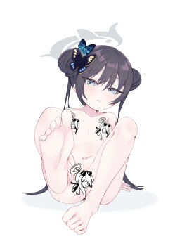 1girl alakoala arm_support ass bare_legs bare_shoulders barefoot black_hair blue_archive blush braid braided_bun breasts butterfly_hair_ornament censored character_censor collarbone completely_nude double_bun feet feet_up fingernails full_body grey_eyes grey_halo hair_between_eyes hair_bun hair_ornament halo highres kisaki_(blue_archive) legs loli long_hair looking_at_viewer lying mina_(blue_archive) navel novelty_censor nude on_back open_mouth parted_lips presenting_foot reclining sidelocks simple_background small_breasts soles solo stomach sweat toenails toes twintails very_long_hair white_background
