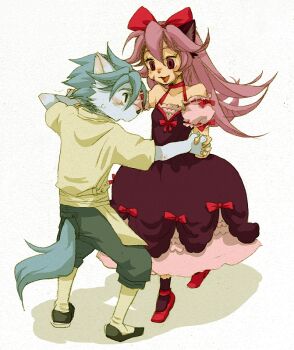 1boy 1girl animal_ears blush bow cat_ears cat_girl commentary_request couple dancing dress full_body furry furry_female furry_male furry_with_furry gren_sacher grey_pants hair_bow hetero holding_hands kokosimon little_tail_bronx long_hair opera_kranz pants purple_hair red_bow red_dress red_eyes red_shoes shirt shoes solatorobo standing tail white_shirt wolf_boy wolf_ears wolf_tail