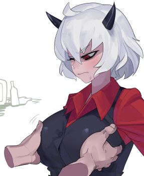 1boy 1girl absurdres black_horns black_vest breasts closed_mouth collared_shirt commentary_request demon_girl demon_horns grabbing_another's_breast groping hair_between_eyes helltaker helltaker_(character) highres horns koiso_usu large_breasts looking_at_another malina_(helltaker) one_eye_closed red_eyes red_shirt shirt short_hair solo_focus television upper_body vest white_background white_hair